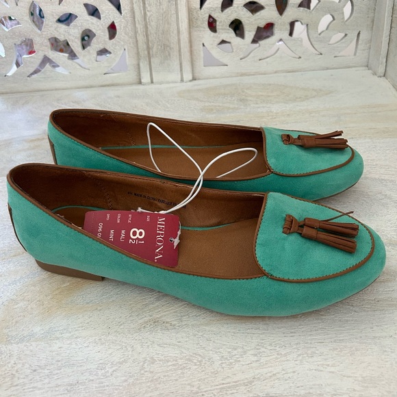NWT MERONA Women's Mali Green Loafers Flats Shoes Brown Tassels Mint NEW SZ 8.5 - Picture 2 of 7